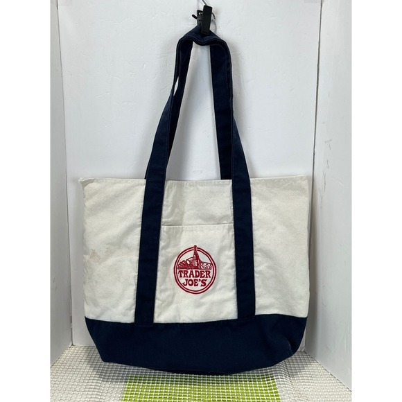 Trader Joe'S Handbags - Trader Joe's Canvas Tote Bag Navy Blue Cream Embroidered Logo Reusable
